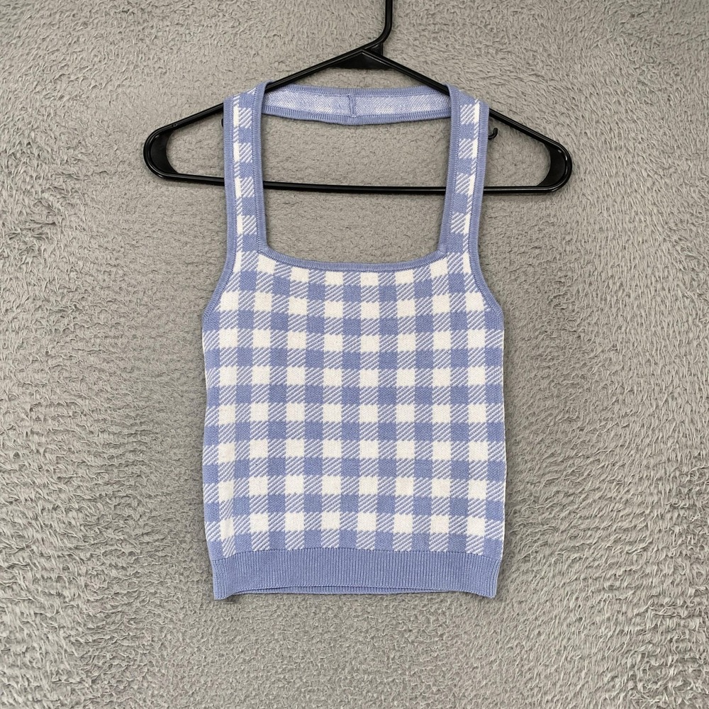 Abercrombie & Fitch Crop Tank Top Womens XS Blue Gingham Plaid Knit Square Neck - Picture 2 of 13